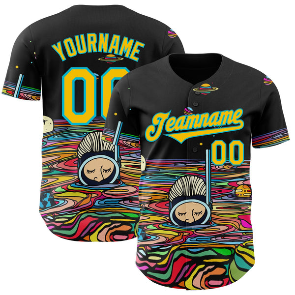 Custom Black Yellow-Lakes Blue Ninhol Dive in the Universe Authentic Baseball Jersey