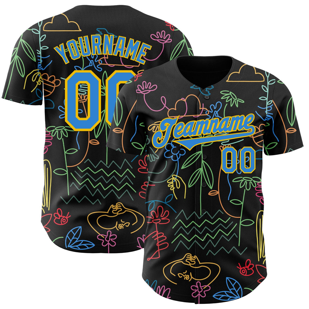 Custom Black Electric Blue-Yellow Ninhol My Garden Authentic Baseball Jersey