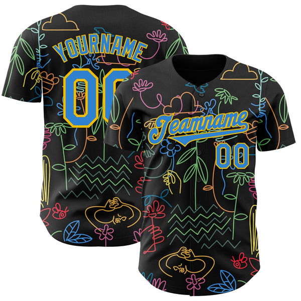 Custom Black Electric Blue-Yellow Ninhol My Garden Authentic Baseball Jersey