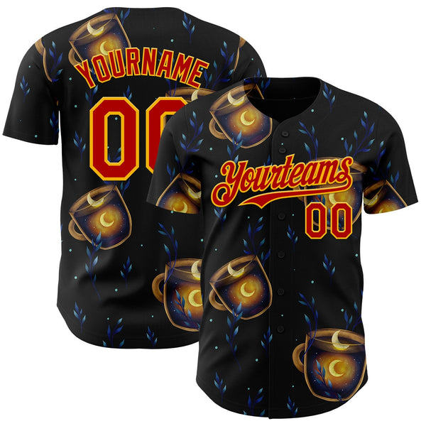 Custom Black Red-Gold Episodic Drawing A Cup Of Moon Shine Authentic Baseball Jersey