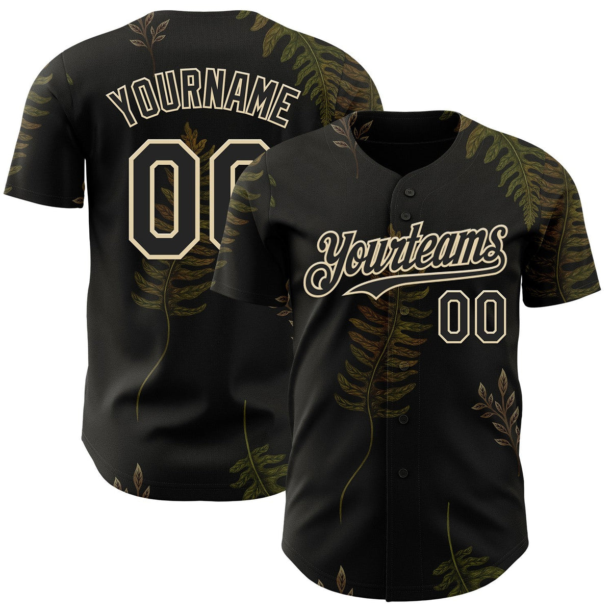 Custom Black Cream Episodic Drawing Autumn Ferns Authentic Baseball Jersey