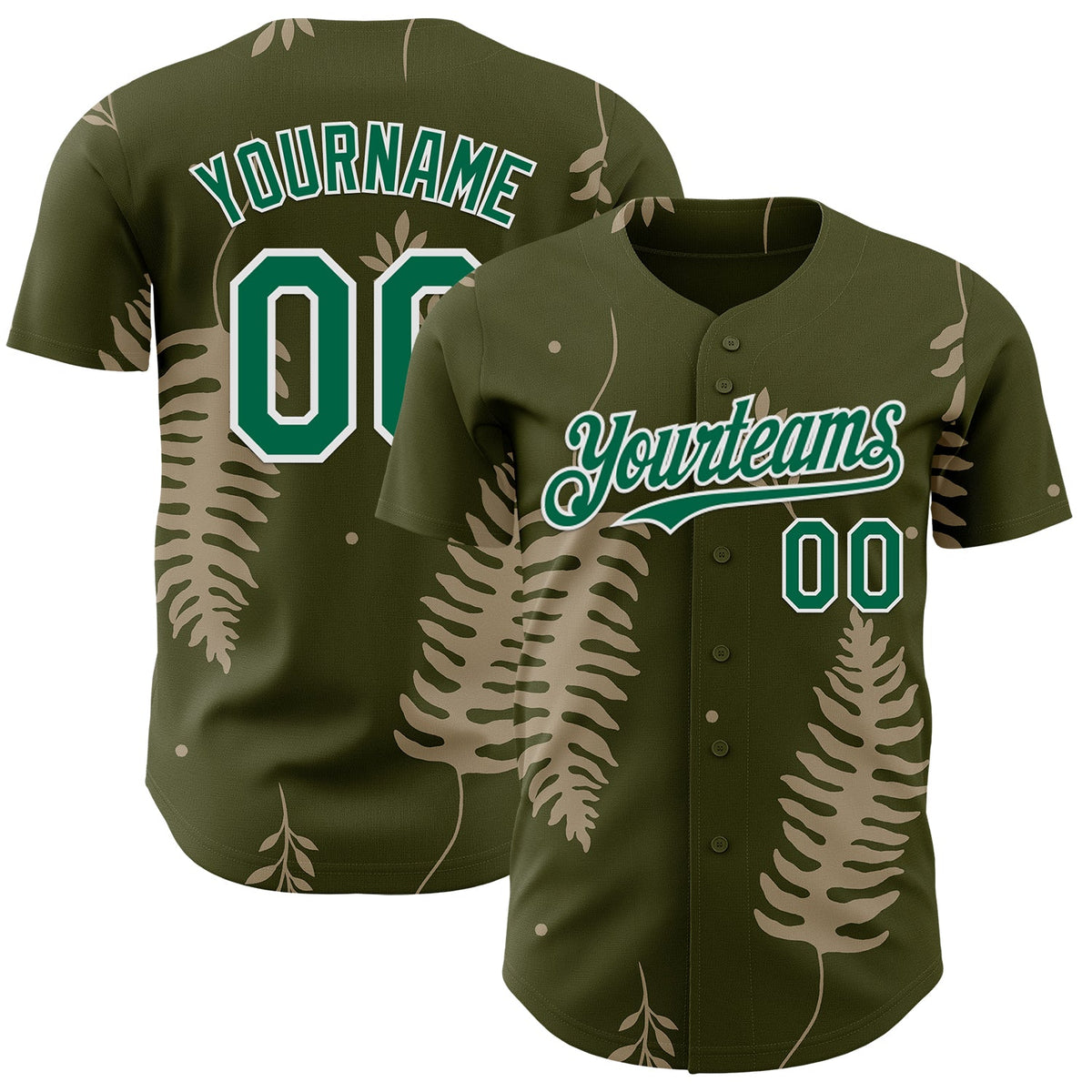 Custom Olive Kelly Green-White Episodic Drawing Autumn Ferns Authentic Baseball Jersey