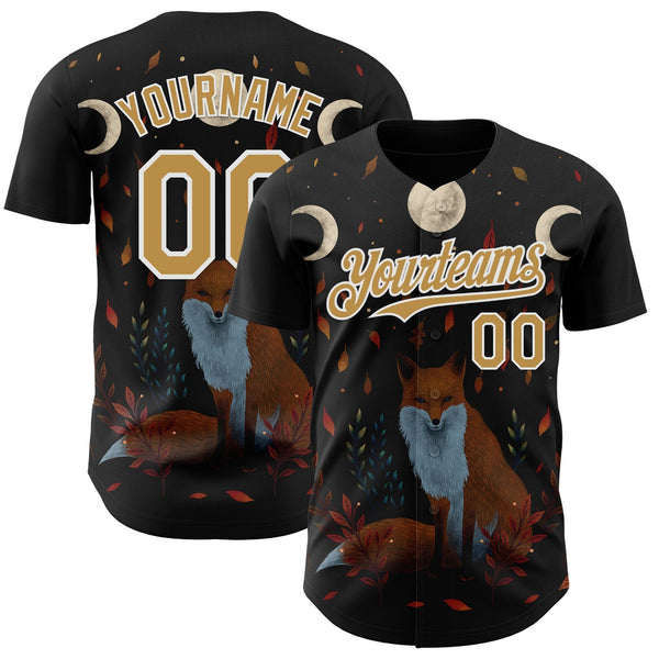 Custom Black Old Gold-White Episodic Drawing Autumn Fox Authentic Baseball Jersey