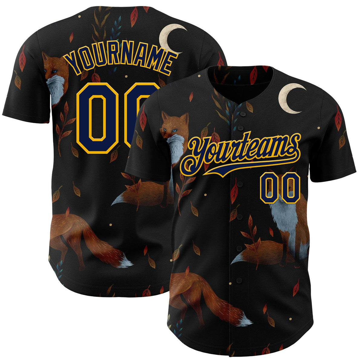 Custom Black Navy-Gold Episodic Drawing Forest Foxes Authentic Baseball Jersey