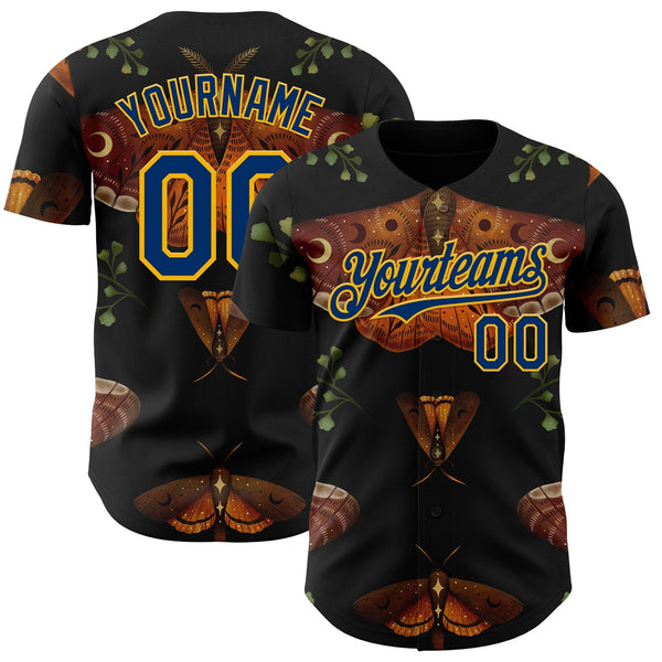 Custom Black US Navy Blue-Gold Episodic Drawing Autumn Light Underwings Authentic Baseball Jersey