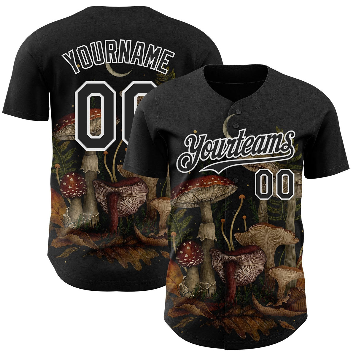 Custom Black White Episodic Drawing Autumn Mushrooms Authentic Baseball Jersey