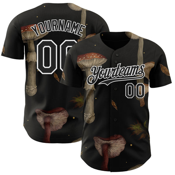 Custom Black White Episodic Drawing Autumn Mushrooms Authentic Baseball Jersey