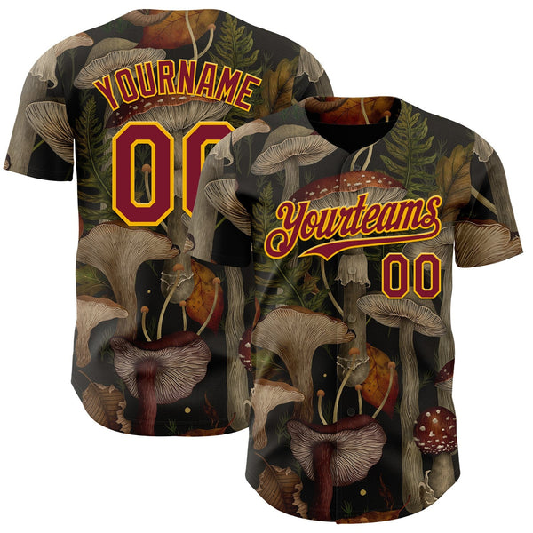 Custom Black Crimson-Gold Episodic Drawing Autumn Mushrooms Authentic Baseball Jersey