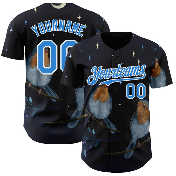Custom Black Electric Blue-White Episodic Drawing Birds And Berries Authentic Baseball Jersey
