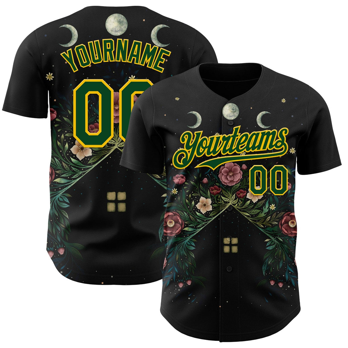 Custom Black Green-Yellow Episodic Drawing Bloom Authentic Baseball Jersey