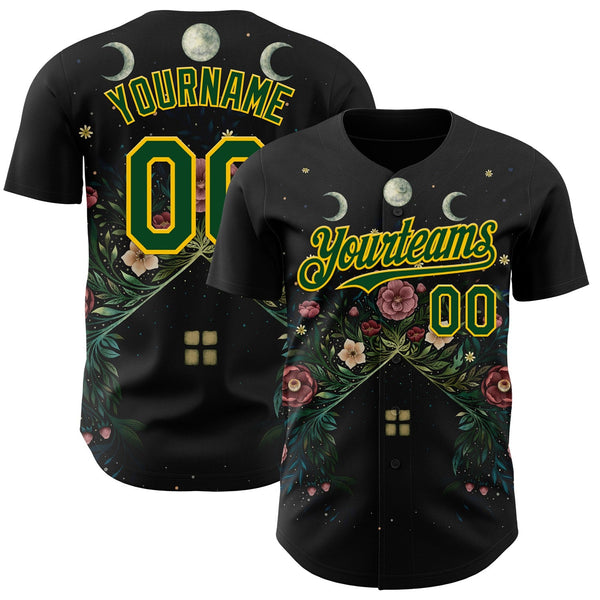 Custom Black Green-Yellow Episodic Drawing Bloom Authentic Baseball Jersey