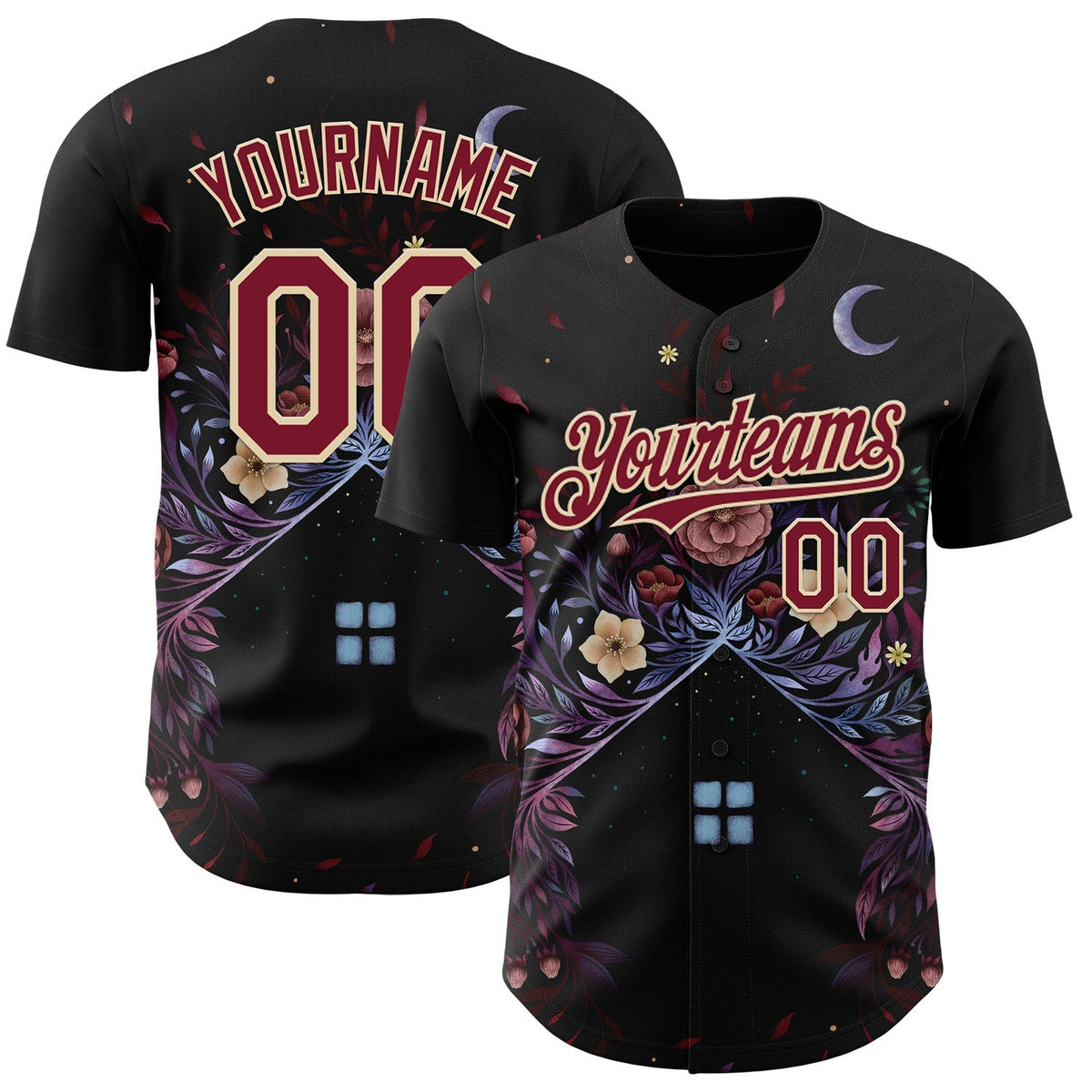 Custom Black Crimson-Cream Episodic Drawing Bloom Authentic Baseball Jersey