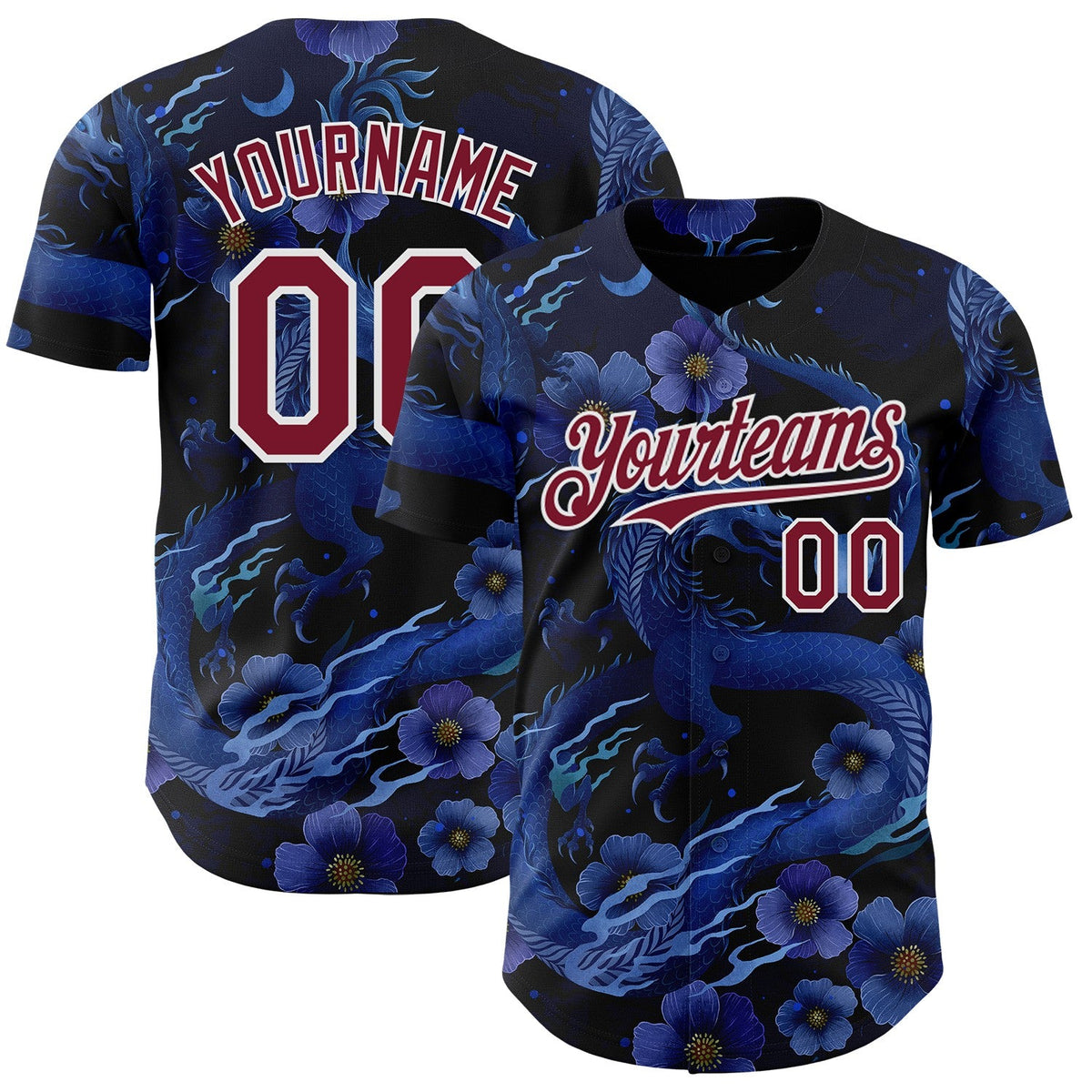 Custom Black Crimson-White Episodic Drawing Blue Floral Dragon Authentic Baseball Jersey