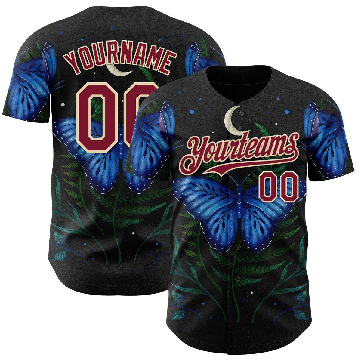 Custom Black Crimson-Cream Episodic Drawing Blue Morpho Butterfly Authentic Baseball Jersey