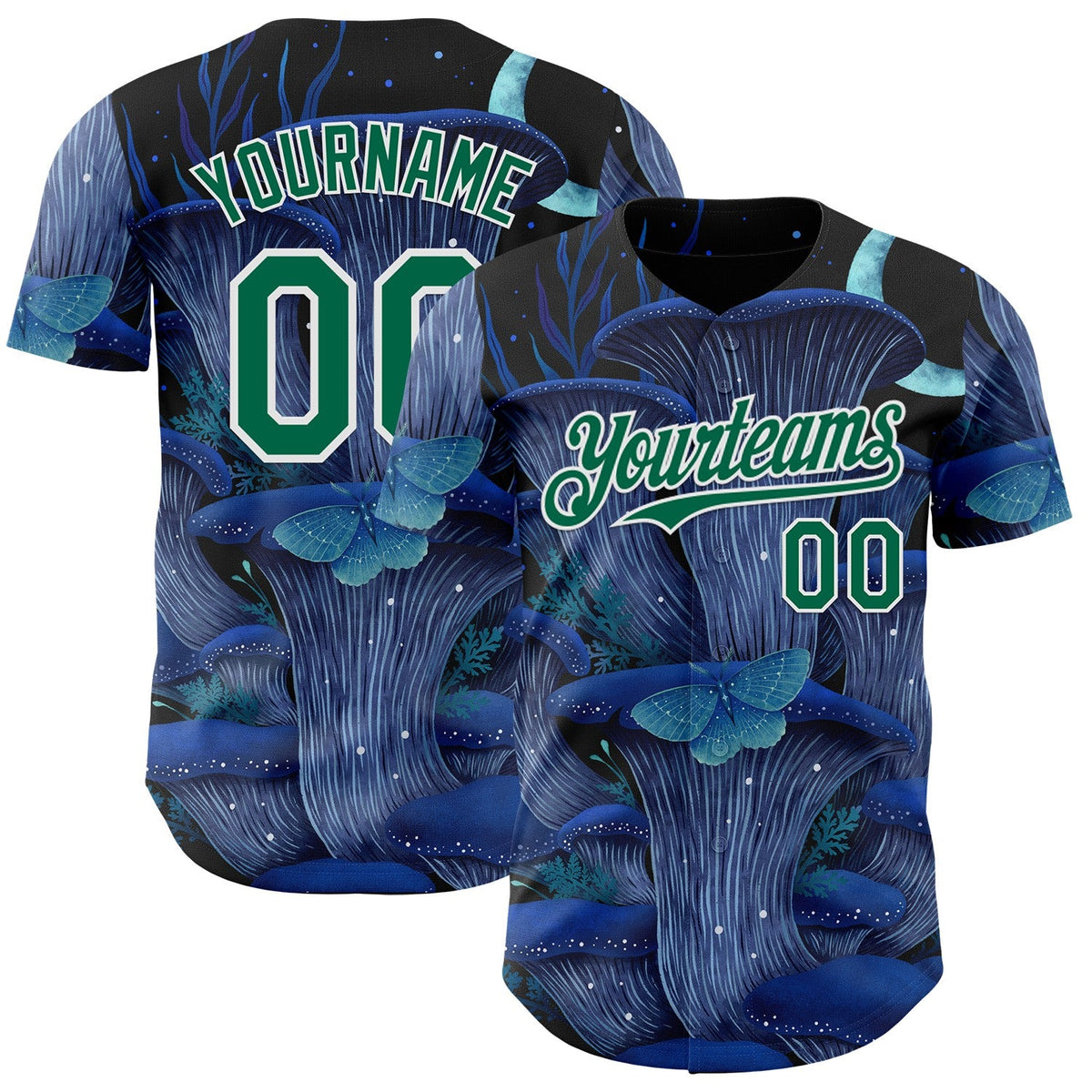 Custom Black Kelly Green-White Episodic Drawing Autumn Mushrooms Authentic Baseball Jersey