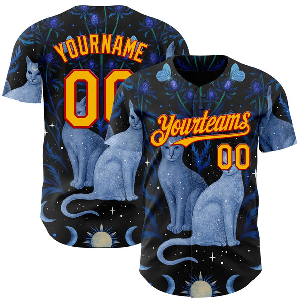 Custom Black Gold-Red Episodic Drawing Symmetrical Two Cats Authentic Baseball Jersey