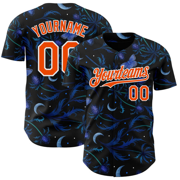 Custom Black Orange-White Episodic Drawing Blue Thistle Authentic Baseball Jersey