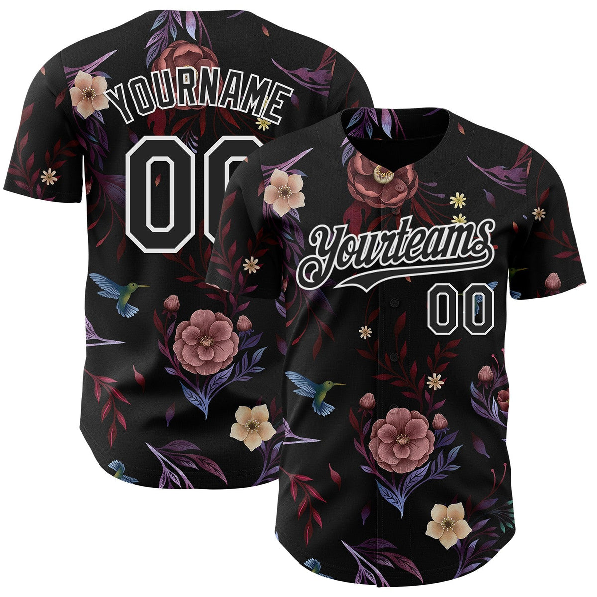 Custom Black White Episodic Drawing Camellia Blooms Authentic Baseball Jersey