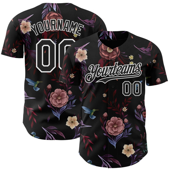 Custom Black White Episodic Drawing Camellia Blooms Authentic Baseball Jersey