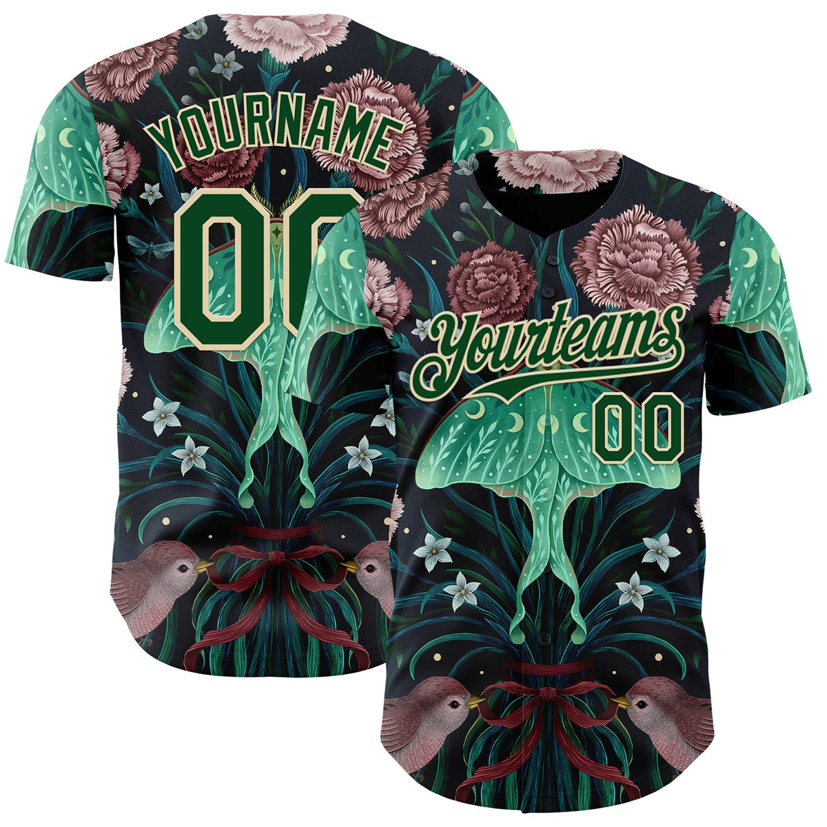 Custom Black Green-Cream Episodic Drawing Carnation Authentic Baseball Jersey