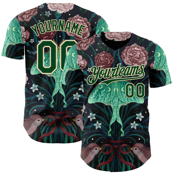 Custom Black Green-Cream Episodic Drawing Carnation Authentic Baseball Jersey