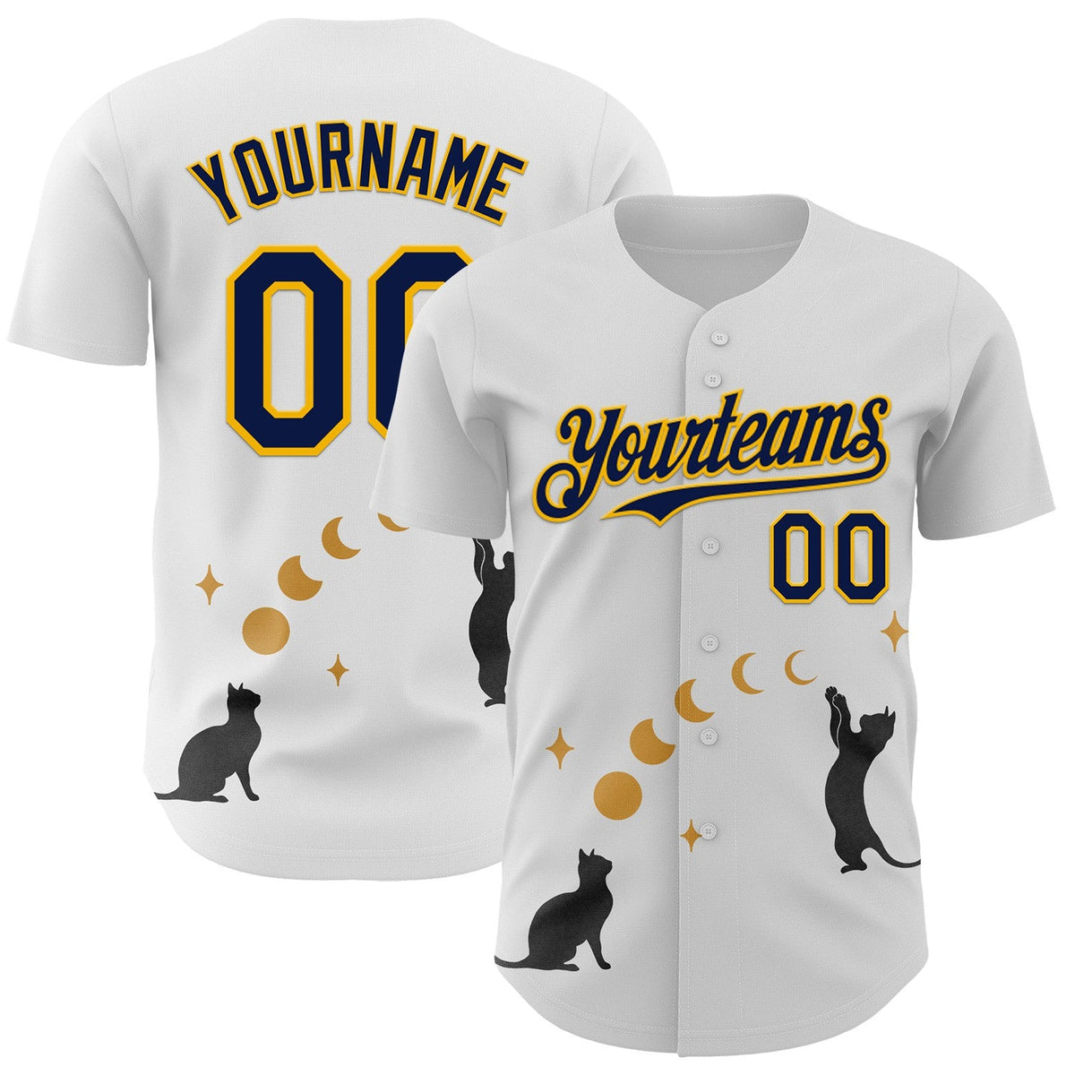 Custom White Navy-Gold Episodic Drawing Cat And Moon Authentic Baseball Jersey