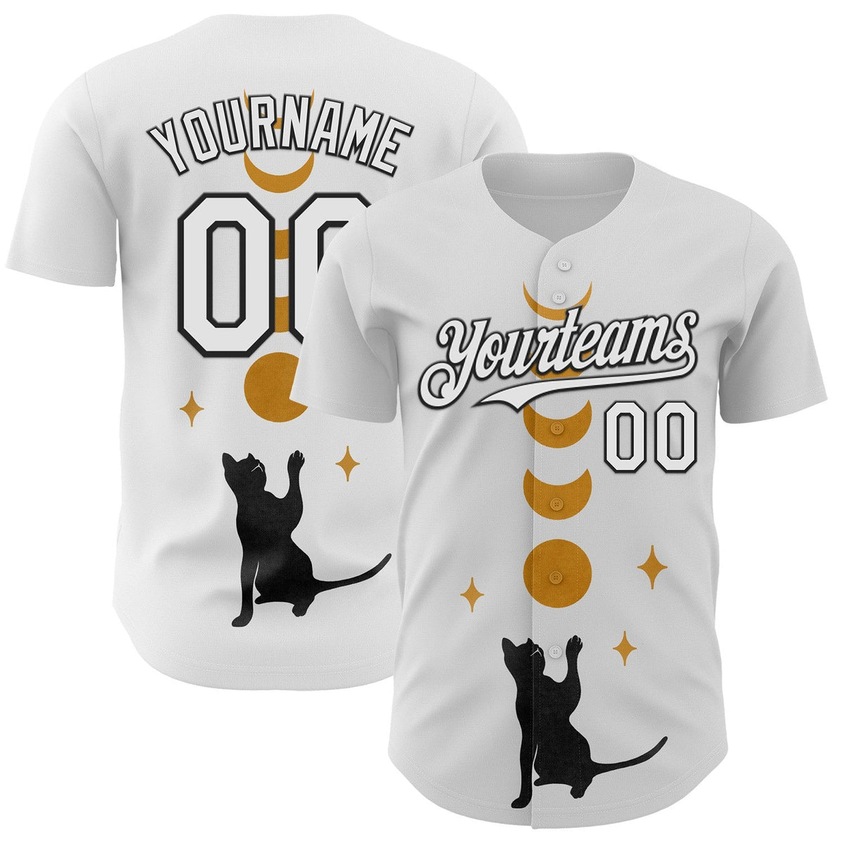 Custom White Black Episodic Drawing Cat And Moon Authentic Baseball Jersey