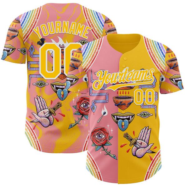 Custom Yellow Light Pink-White Buba Viedma Pain 02 Authentic Baseball Jersey