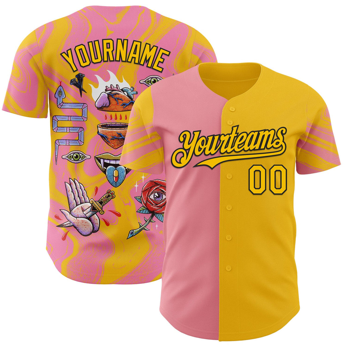 Custom Yellow Light Pink-Black Buba Viedma Pain 03 Authentic Baseball Jersey