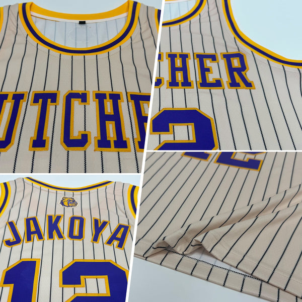 Custom Cream Black Pinstripe Purple-Gold Authentic Basketball Jersey alternate
