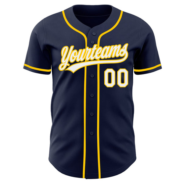 Custom Navy White-Yellow Authentic Baseball Jersey alternate