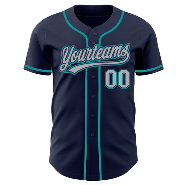 Custom Navy Gray-Teal Authentic Baseball Jersey alternate