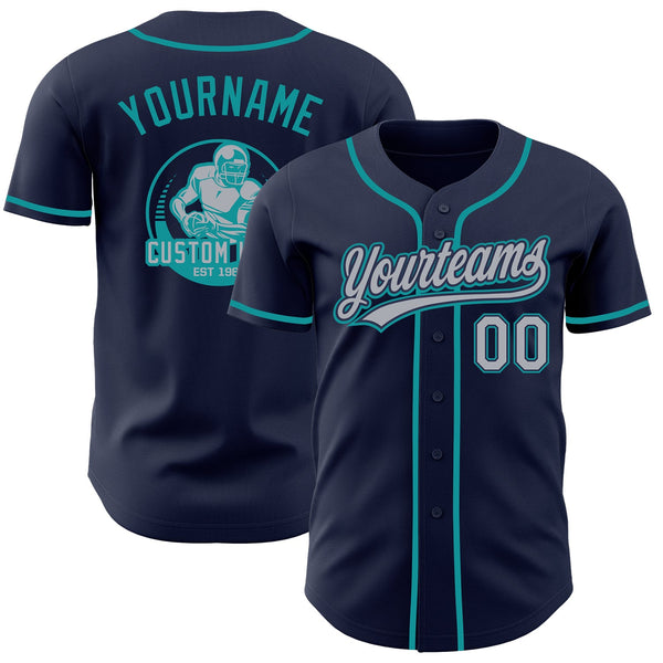 Custom Navy Gray-Teal Authentic Baseball Jersey