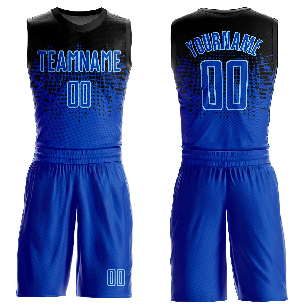 Custom Black Royal-Light Blue Round Neck Sublimation Basketball Uniform Jersey