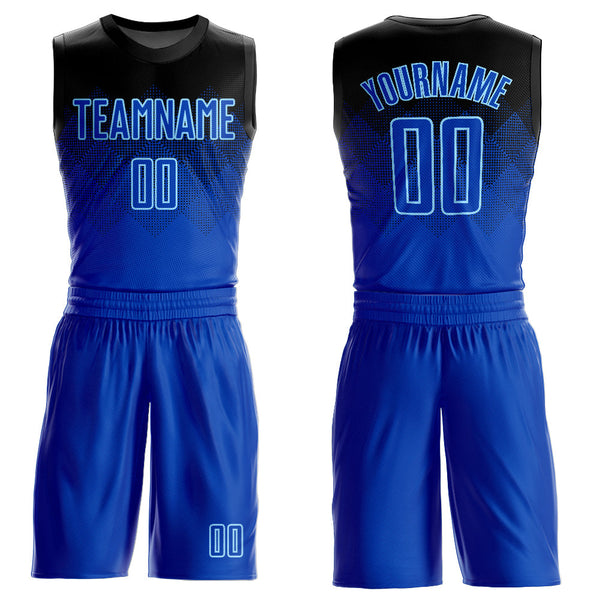 Custom Black Royal-Light Blue Round Neck Sublimation Basketball Uniform Jersey
