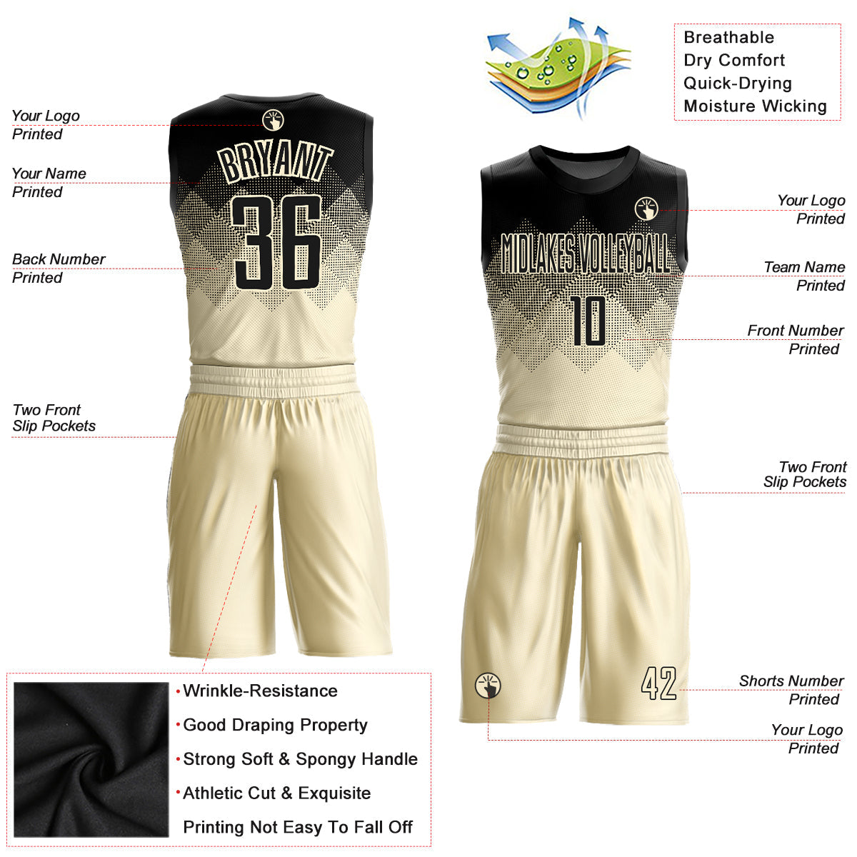 Custom Cream Black Round Neck Sublimation Basketball Uniform Jersey - Back