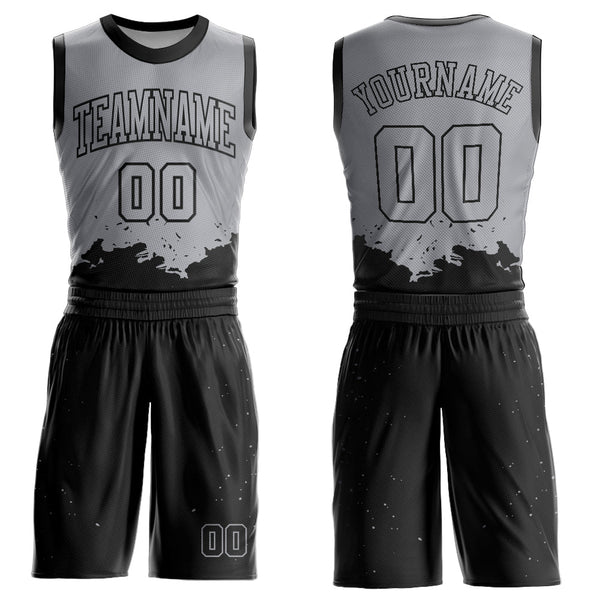 Custom Gray Black Color Splash Round Neck Sublimation Basketball Uniform Jersey