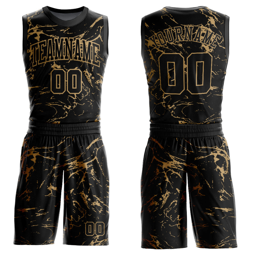 Custom Black Old Gold Abstract Grunge Art Round Neck Sublimation Basketball Uniform Jersey