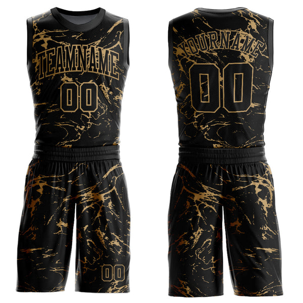 Custom Black Old Gold Abstract Grunge Art Round Neck Sublimation Basketball Uniform Jersey
