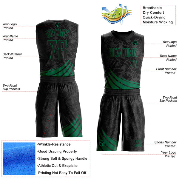 Custom Black Kelly Green Wind Shapes Round Neck Sublimation Basketball Uniform Jersey alternate