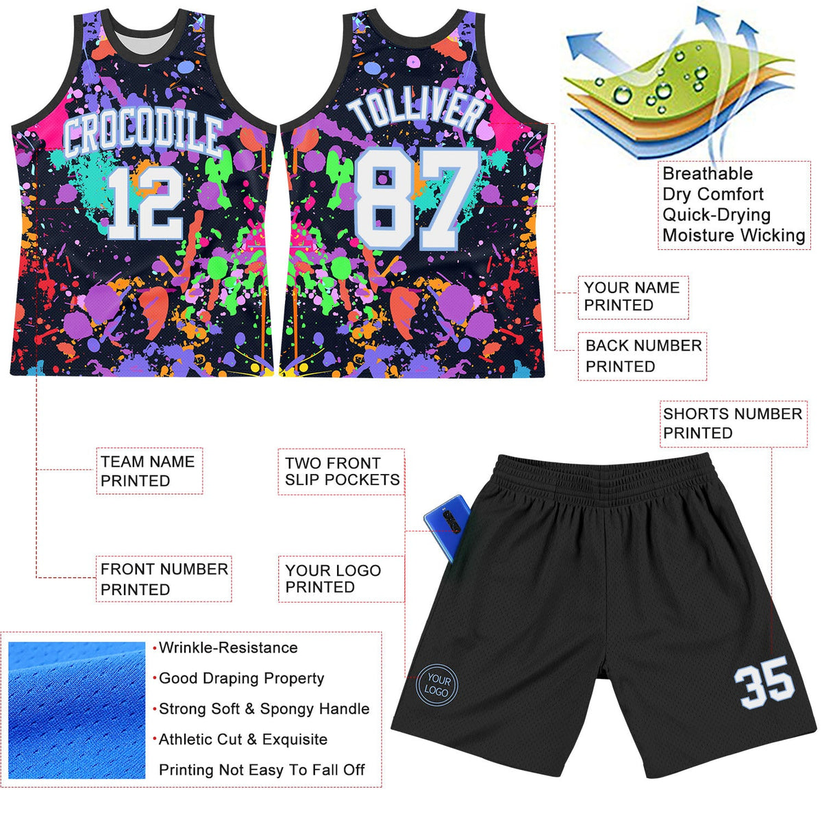 Custom Graffiti Pattern White Light Blue-Black Splash Round Neck Sublimation Basketball Set Jersey - Front