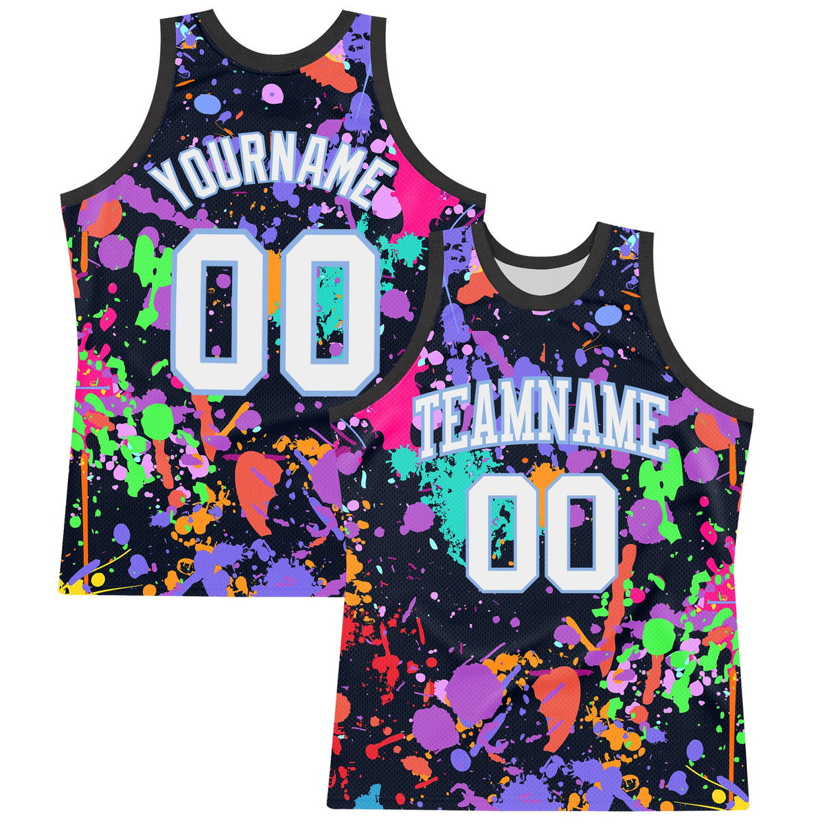 Custom Graffiti Pattern White Light Blue-Black Splash Round Neck Sublimation Basketball Set Jersey