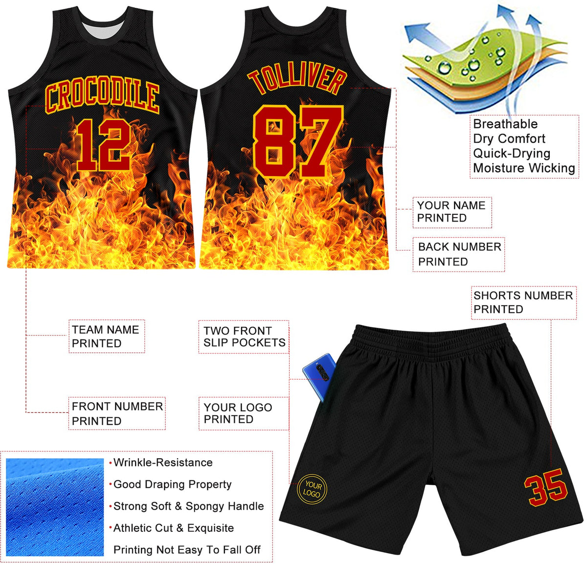 Custom Black Red-Yellow Flame Round Neck Sublimation Basketball Set Jersey - Front
