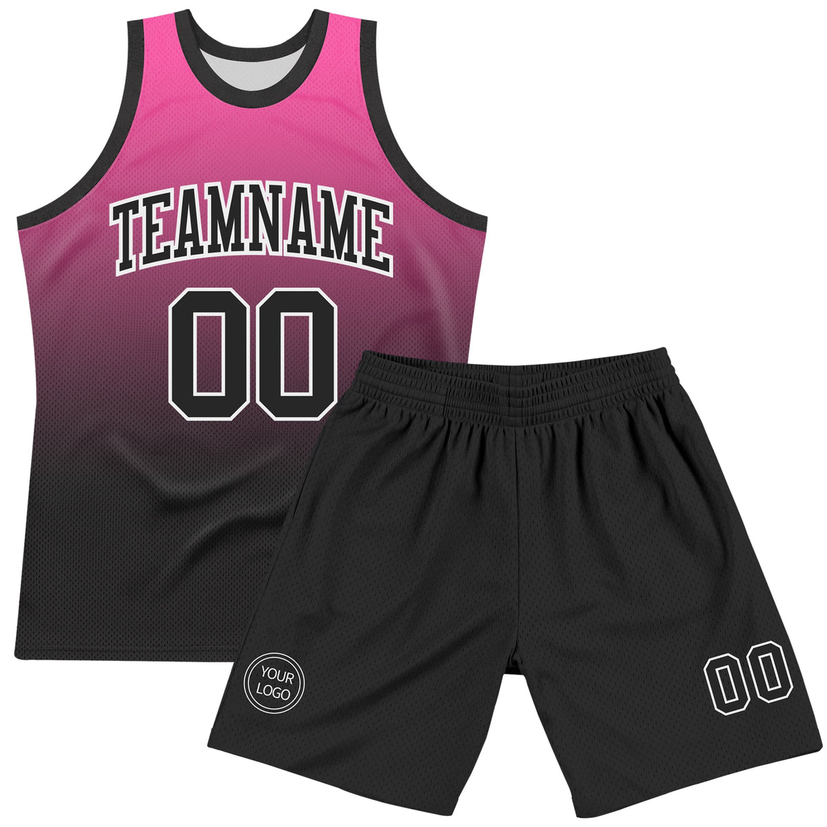 Custom Pink Black-White Fade Fashion Round Neck Sublimation Basketball Set Jersey - Back