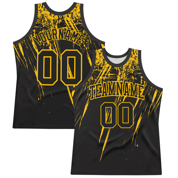 Custom Black Gold Splash Round Neck Sublimation Basketball Set Jersey