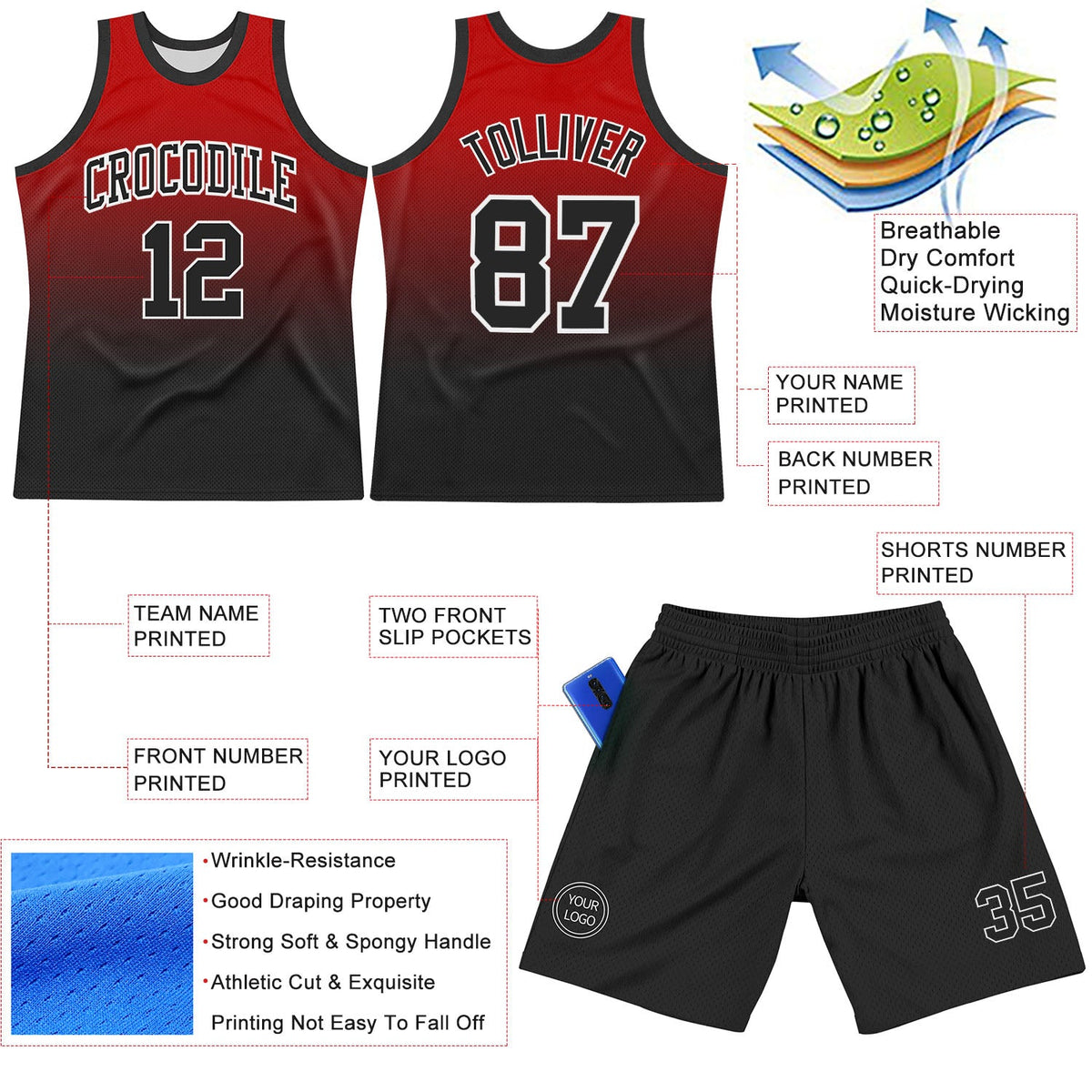 Custom Red Black-White Fade Fashion Round Neck Sublimation Basketball Set Jersey - Front
