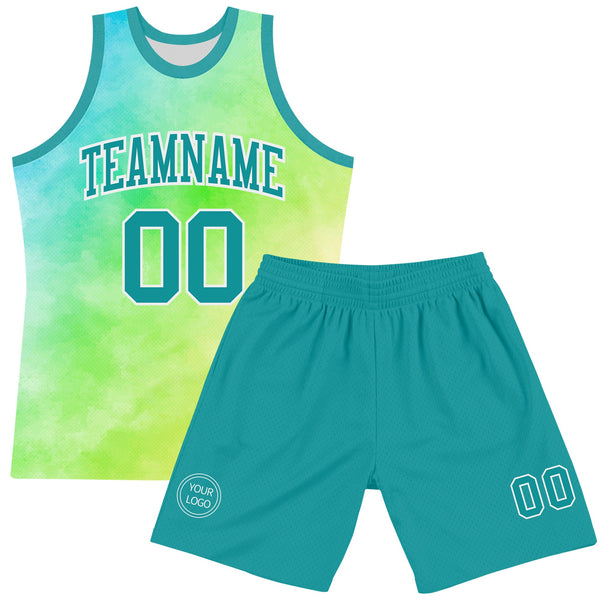 Custom Tie Dye Teal-White Round Neck Sublimation Basketball Set Jersey alternate