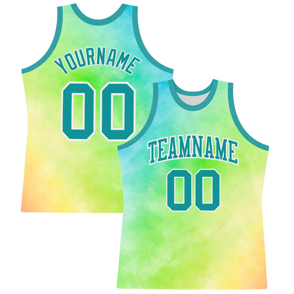 Custom Tie Dye Teal-White Round Neck Sublimation Basketball Set Jersey