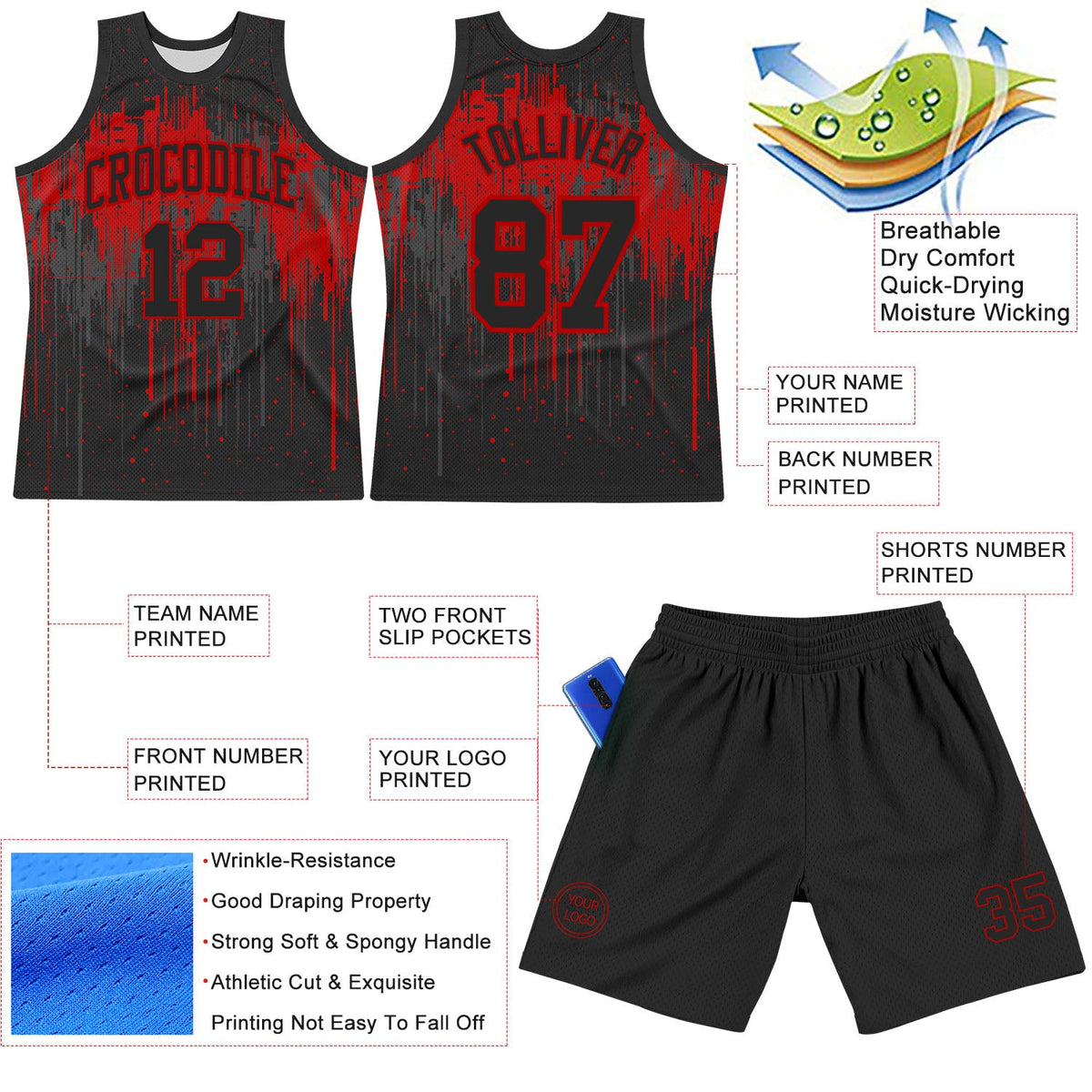 Custom Black Red Dripping Splatter Art Round Neck Sublimation Basketball Set Jersey - Front