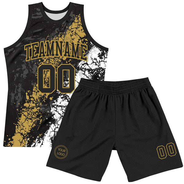 Custom Black Old Gold-White Splash Round Neck Sublimation Basketball Set Jersey alternate